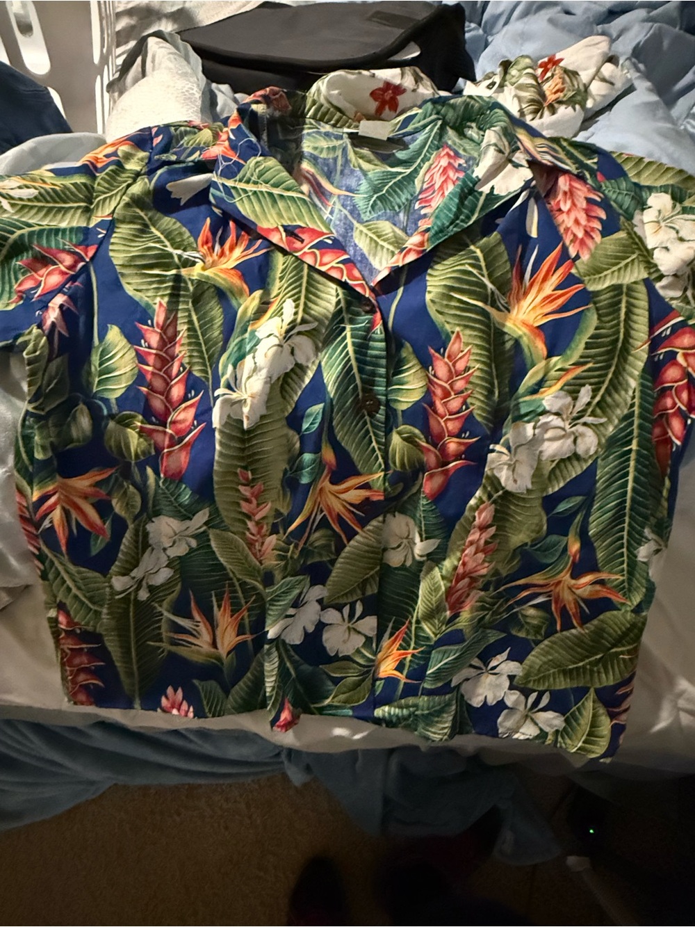Button-Down Tropical Print Shirt - Blue Multi